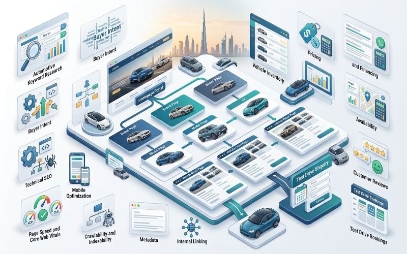 SEO for Car Dealerships Dubai with automotive keyword research and technical SEO.