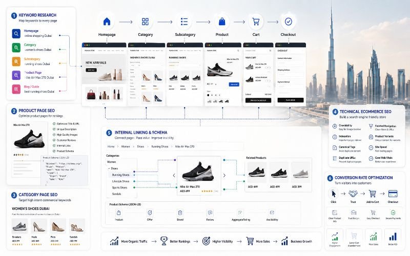 Ecommerce SEO strategy showing website structure, product SEO, technical SEO and conversions