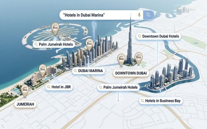 Local hotel SEO map showing Dubai Marina, Downtown, JBR, Palm Jumeirah and Business Bay