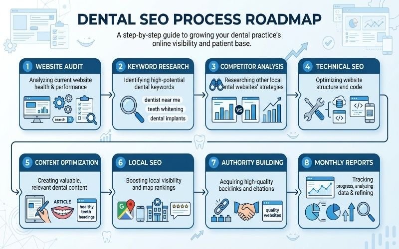 SEO for Dentists Dubai process roadmap for improving dental practice visibility and patient growth.