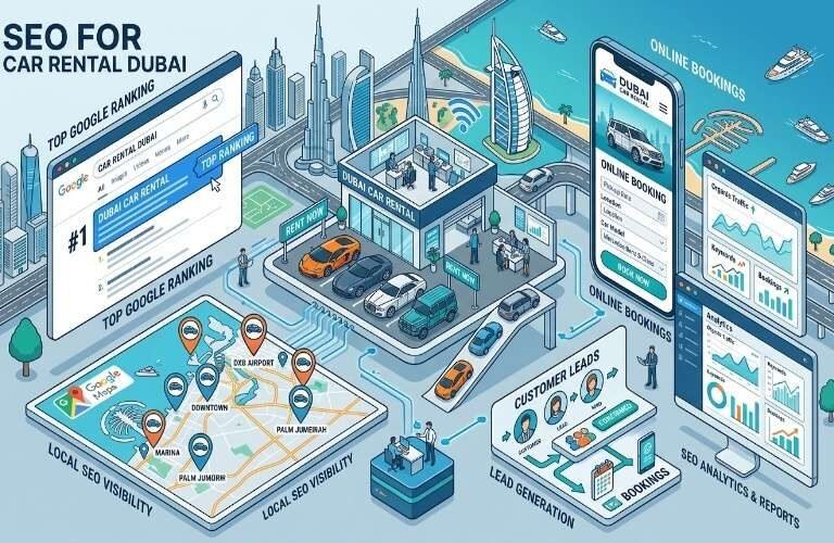 SEO for Car Rental Companies Dubai with Google rankings, local SEO, and online booking strategy illustration.