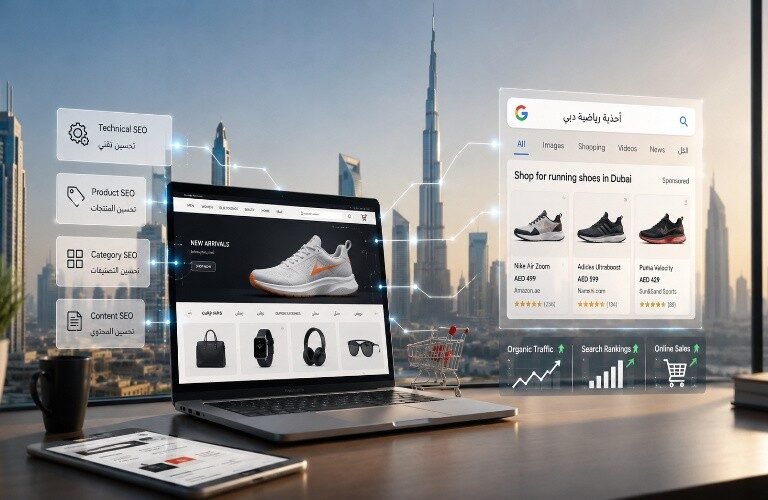 Ecommerce SEO for Dubai stores with online products, Google search results and Dubai skyline