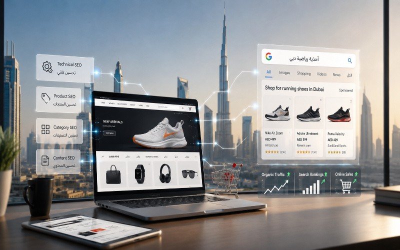 Ecommerce SEO for Dubai stores with online products, Google search results and Dubai skyline