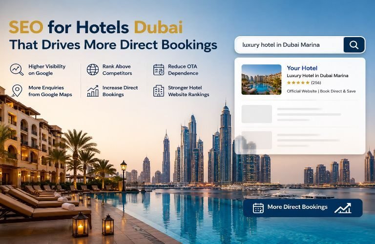 SEO for Hotels Dubai with luxury hotel, Dubai skyline, and direct booking search concept.