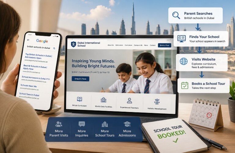 Parent searching Google for schools in Dubai and booking a school tour
