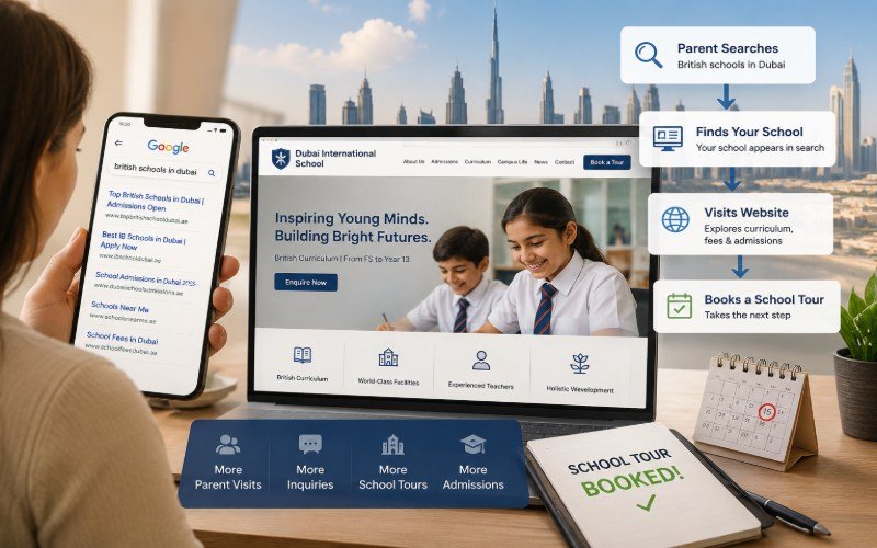 Parent searching Google for schools in Dubai and booking a school tour