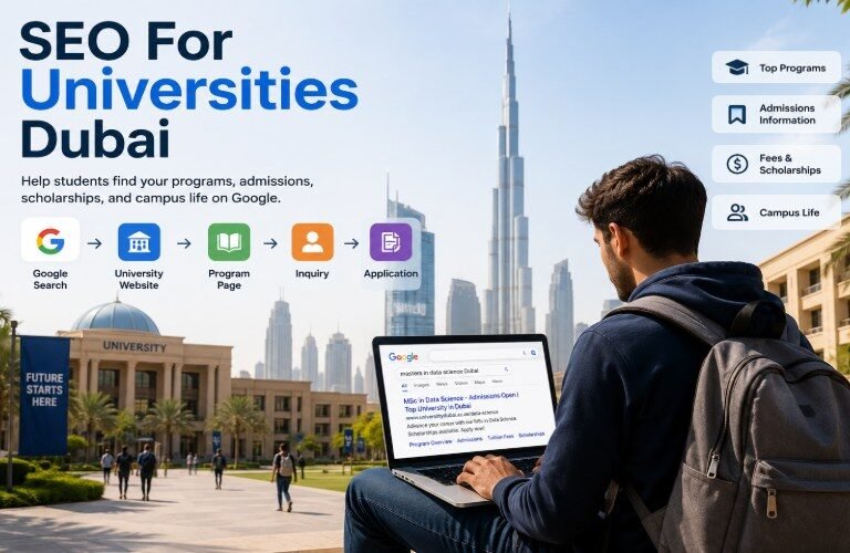 SEO for universities in Dubai with student searching university programs online