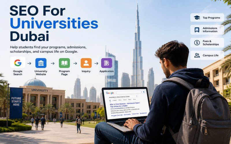 SEO for universities in Dubai with student searching university programs online