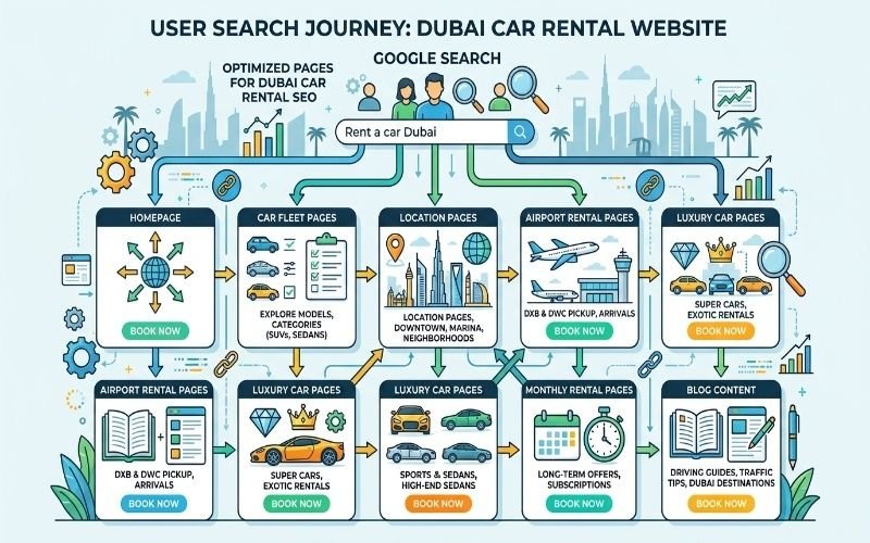SEO for Car Rental Companies Dubai showing optimized website pages and user search journey.