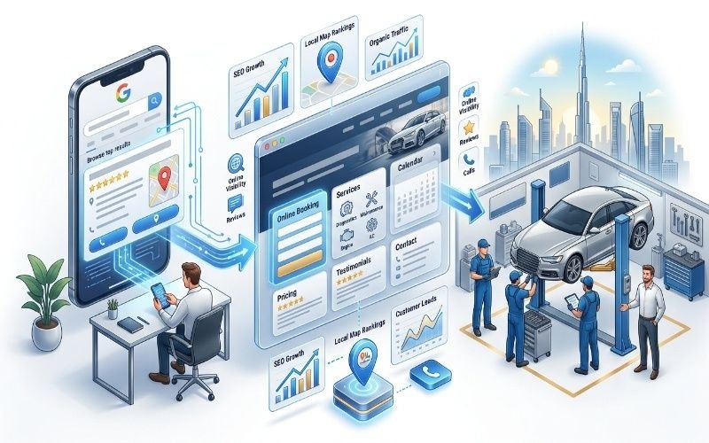 SEO for Auto Repair Shops Dubai illustration showing Google search, online booking, local rankings, and a modern auto repair garage.