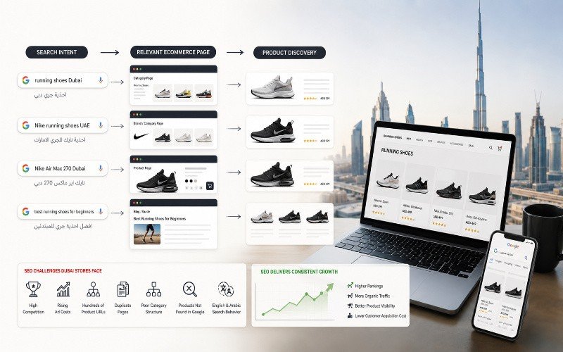Ecommerce search intent connecting Dubai searches to category, product and blog pages