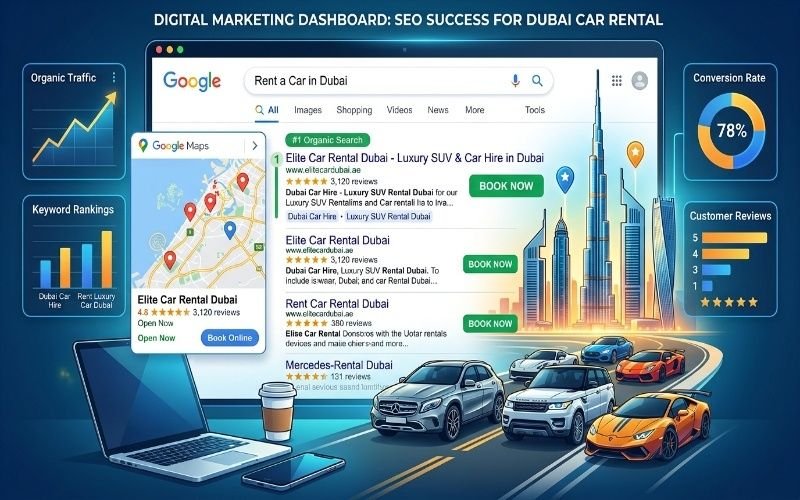 SEO for Car Rental Companies Dubai showing Google rankings, maps, and digital marketing growth.