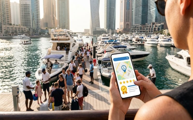 Luxury yacht sailing near Dubai Marina for a boat rental business.