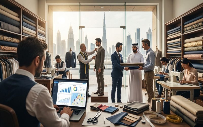 Tailor in a Dubai studio using SEO analytics to improve online visibility and attract local customers.