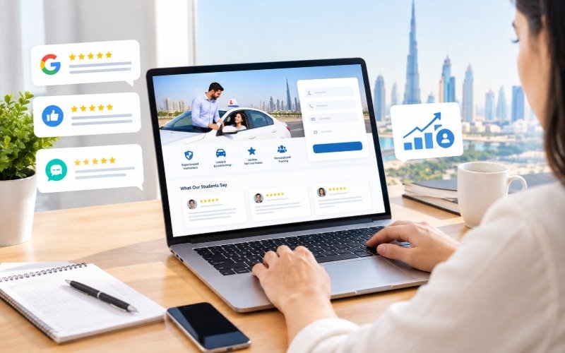 Potential student reviewing a driving school's website and customer feedback in Dubai