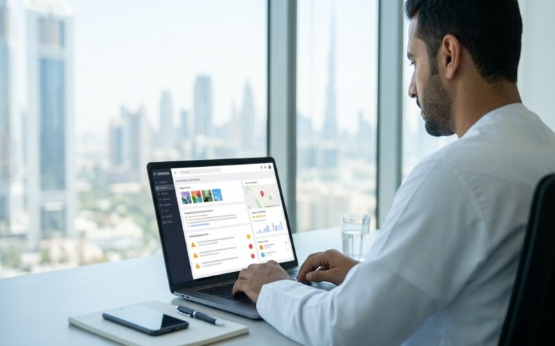 Dubai business owner checking Google Business Profile errors, missing details, and local search visibility.