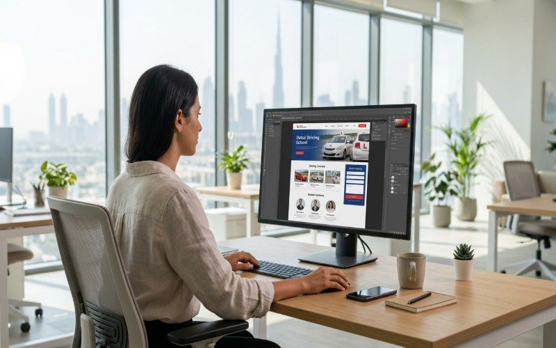 Web designer creating a driving school website with course pages and an enquiry form