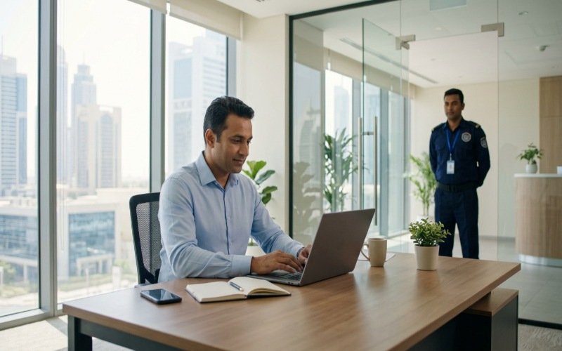 Security company manager reviewing website enquiries and lead reports in a Dubai office