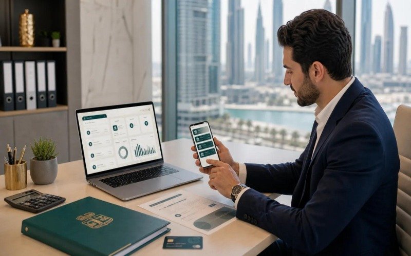 Dubai business owner using digital payment tools and website analytics to reach more customers.