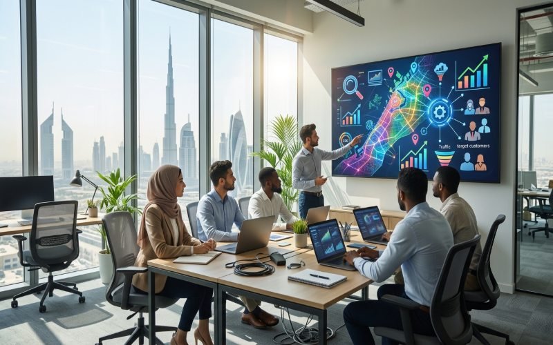 SaaS professionals in Dubai reviewing SEO data to attract potential customers