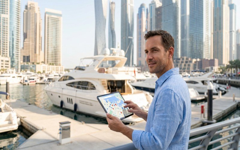Luxury yacht near Dubai Marina with a tablet showing a map listing for local yacht charter visibility
