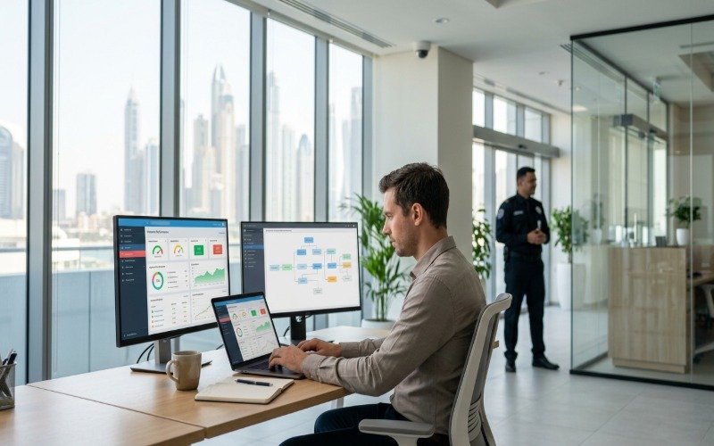 Website developer reviewing website performance and technical SEO for a security company