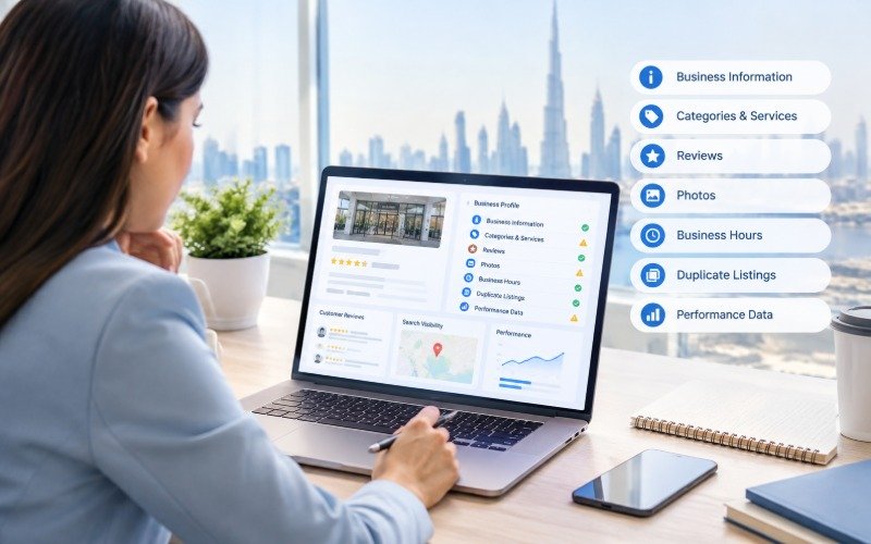 Google Business Profile audit dashboard showing business details, categories, reviews, photos, opening hours, and performance data.