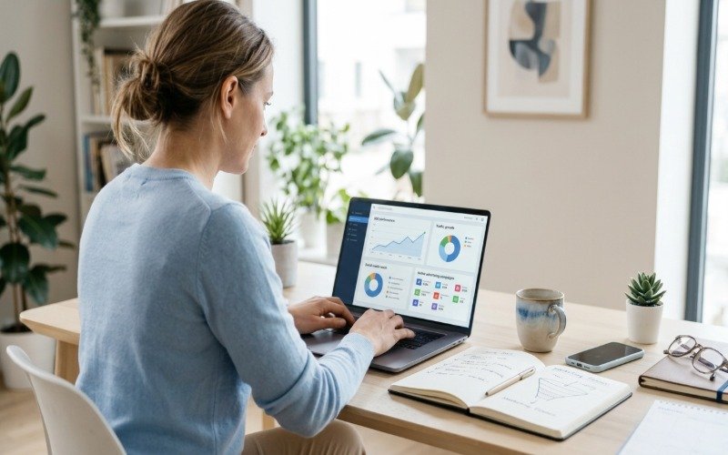 Digital marketing professional reviewing SEO analytics, online advertising data, and social media performance on a laptop.