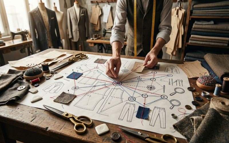 Tailor reviewing keyword research on a laptop in a modern bespoke tailoring studio in Dubai.
