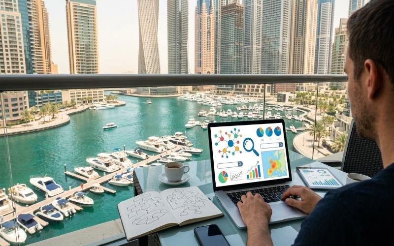 Luxury yacht near Dubai Marina representing keyword research for boat rental services.