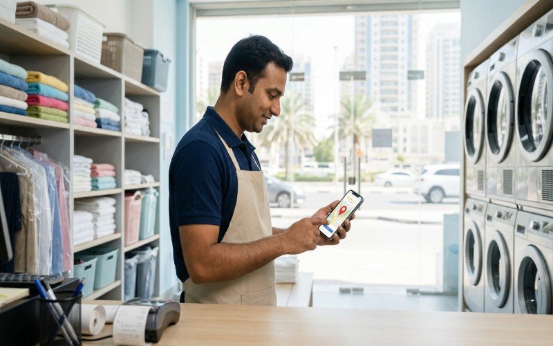 Laundry shop owner checking a map and customer reviews on a smartphone in Dubai