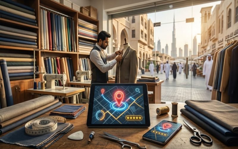 Customer using a smartphone map to find a tailoring shop in Dubai.