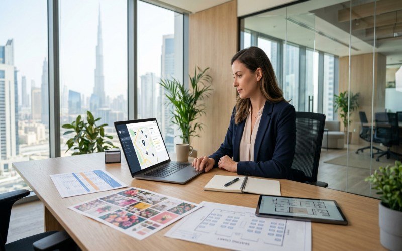 Event planner reviewing local search maps and business visibility in Dubai