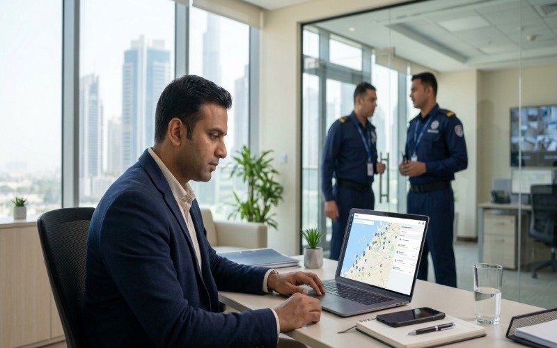 Security company manager reviewing a local search map in a Dubai office