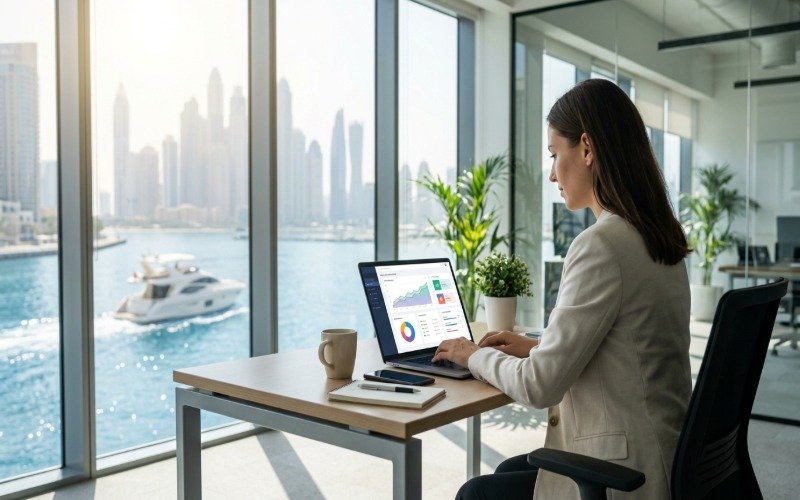 Digital marketing professional reviewing SEO analytics for a yacht charter website in Dubai