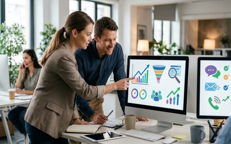 Laundry business owner reviewing website traffic and customer enquiry charts on a laptop