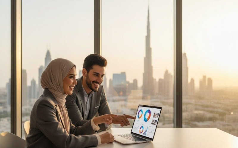 Marketing professionals reviewing digital marketing performance and SEO analytics in a modern Dubai office.