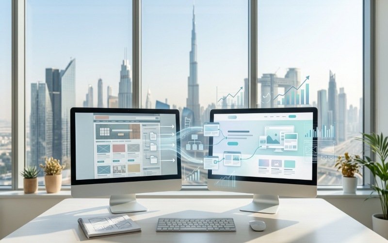 SEO migration services in Dubai showing website analytics and a website redesign