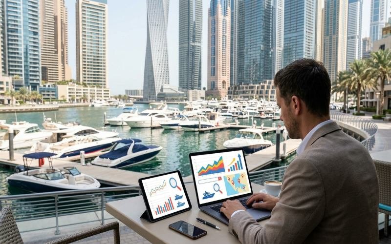 Digital marketing professional tracking website traffic and booking performance for a yacht rental business in Dubai.