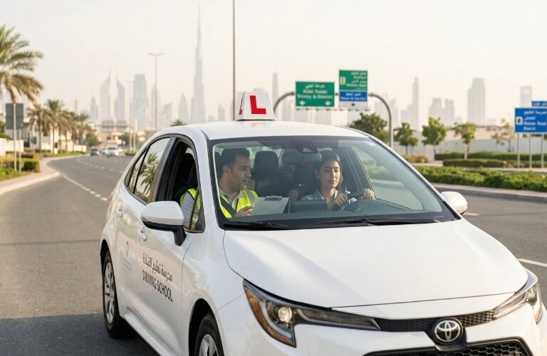 Driving school car on a Dubai road with the city skyline in the background