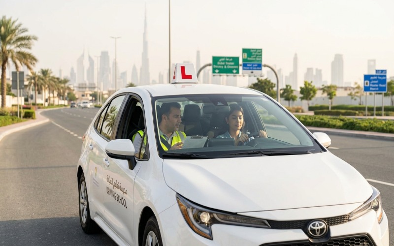Driving school car on a Dubai road with the city skyline in the background