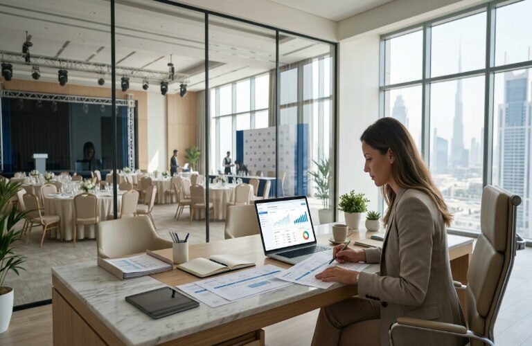 Event planner reviewing website analytics to improve SEO for event management companies in Dubai
