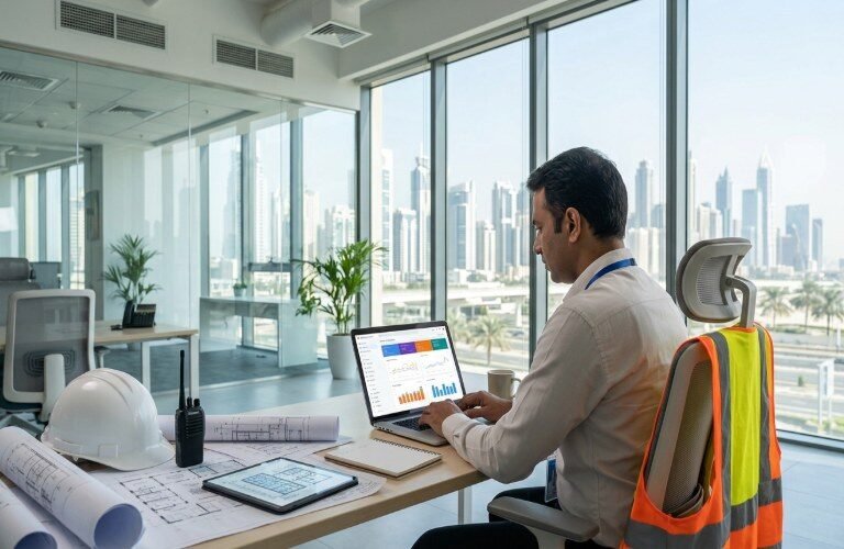 Facility management professional reviewing SEO performance for a commercial building business in Dubai