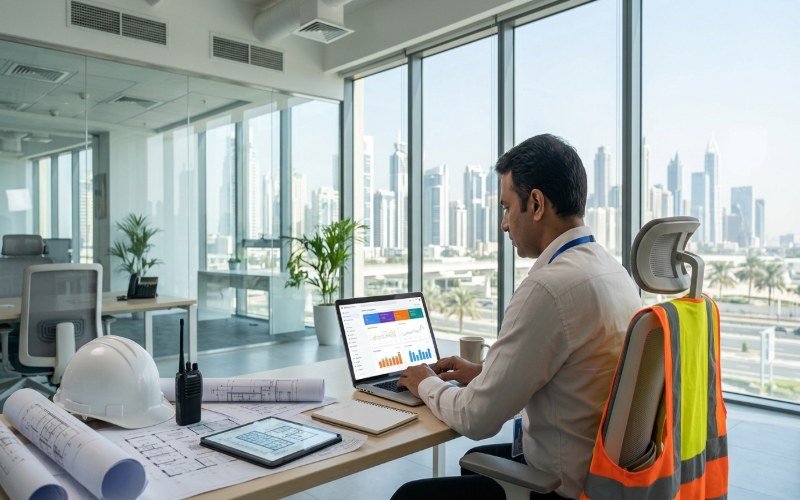 Facility management professional reviewing SEO performance for a commercial building business in Dubai