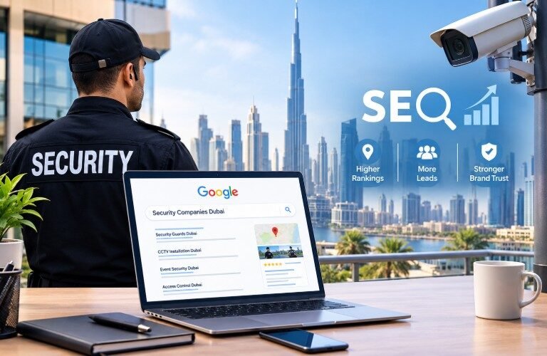 SEO for security companies in Dubai with a security guard, CCTV camera, and digital marketing analytics