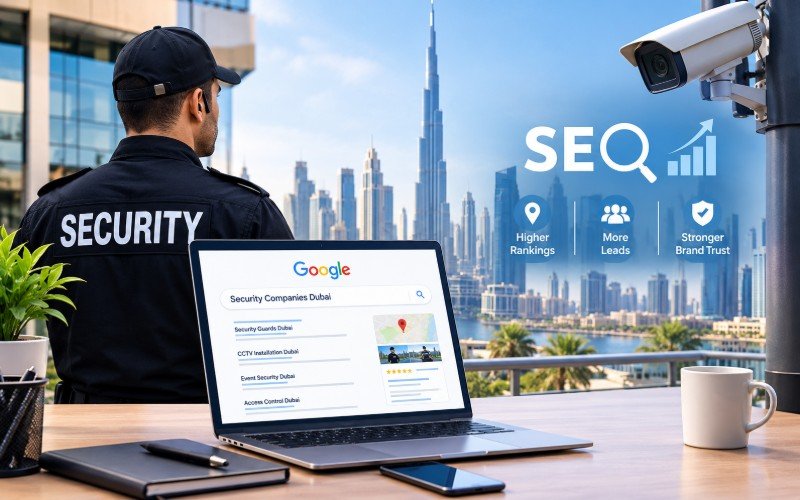 SEO for security companies in Dubai with a security guard, CCTV camera, and digital marketing analytics