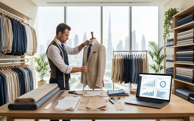 ailor working in a modern Dubai tailoring studio with a laptop showing SEO analytics.