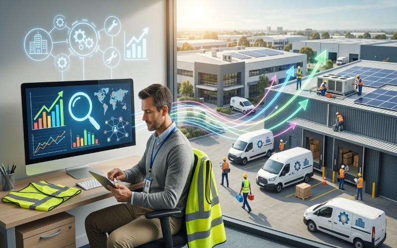 Facility management manager reviewing SEO performance and business growth opportunities in Dubai