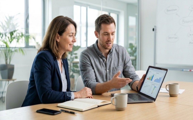 Business owner and digital marketing specialist reviewing campaign performance and website analytics on a laptop.