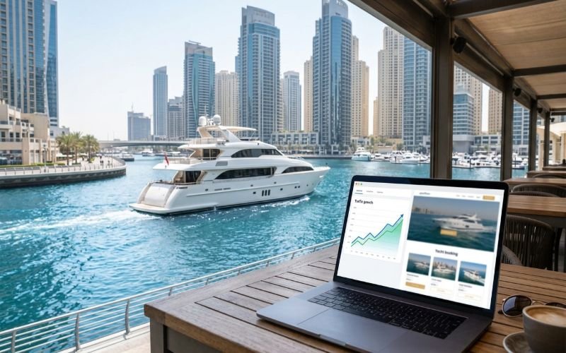 Luxury yacht near Dubai Marina representing SEO growth for yacht charter businesses